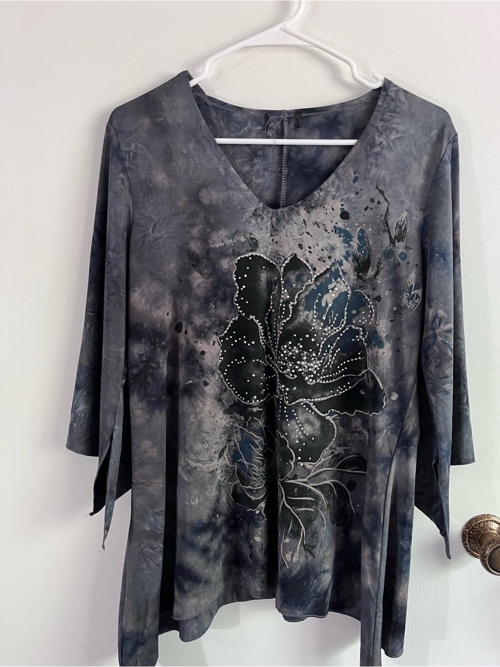 V-Neck Long Sleeve Charcoal Gray Blue Whimsigoth 90s Floral Tunic Top XL